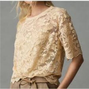 Anthropologie DOLAN Scallop Boxy Lace Tee Top with Cami Taupe Sz XXS NEW